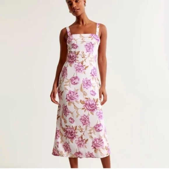 Abercrombie & Fitch Floral Midi Dress Bow Back Pink Cream Size Large NWT - Picture 1 of 9